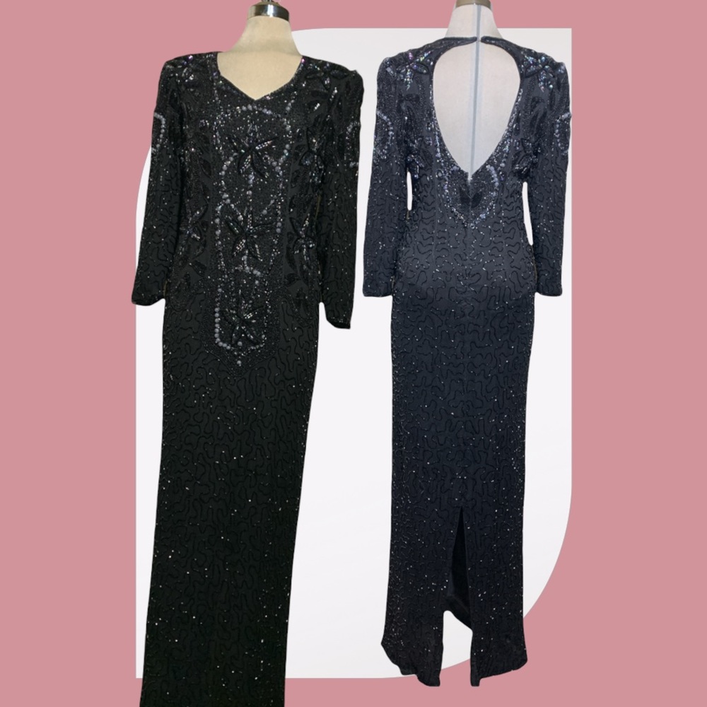 Vintage Luxury Backless Evening Gown Embellished Beading Size M